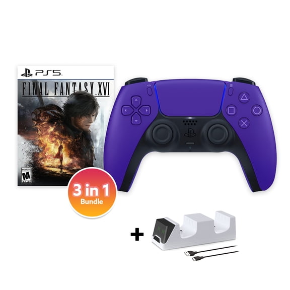 PlayStation 5 DualSense Controller Galactic Purple with Final Fantasy XVI and Mytrix Dual Controller Charger - 3 in 1 Bundle for PS5
