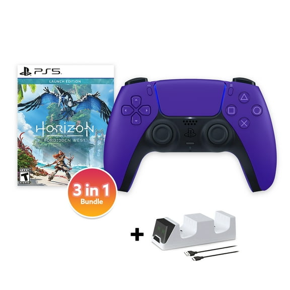PlayStation 5 DualSense Controller Galactic Purple with Horizon Forbidden West and Mytrix Dual Controller Charger - 3 in 1 Bundle for PS5