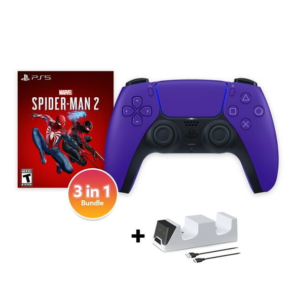 PlayStation 5 DualSense Controller Galactic Purple with Spider-Man 2 and Mytrix Dual Controller Charger - 3 in 1 Bundle for PS5