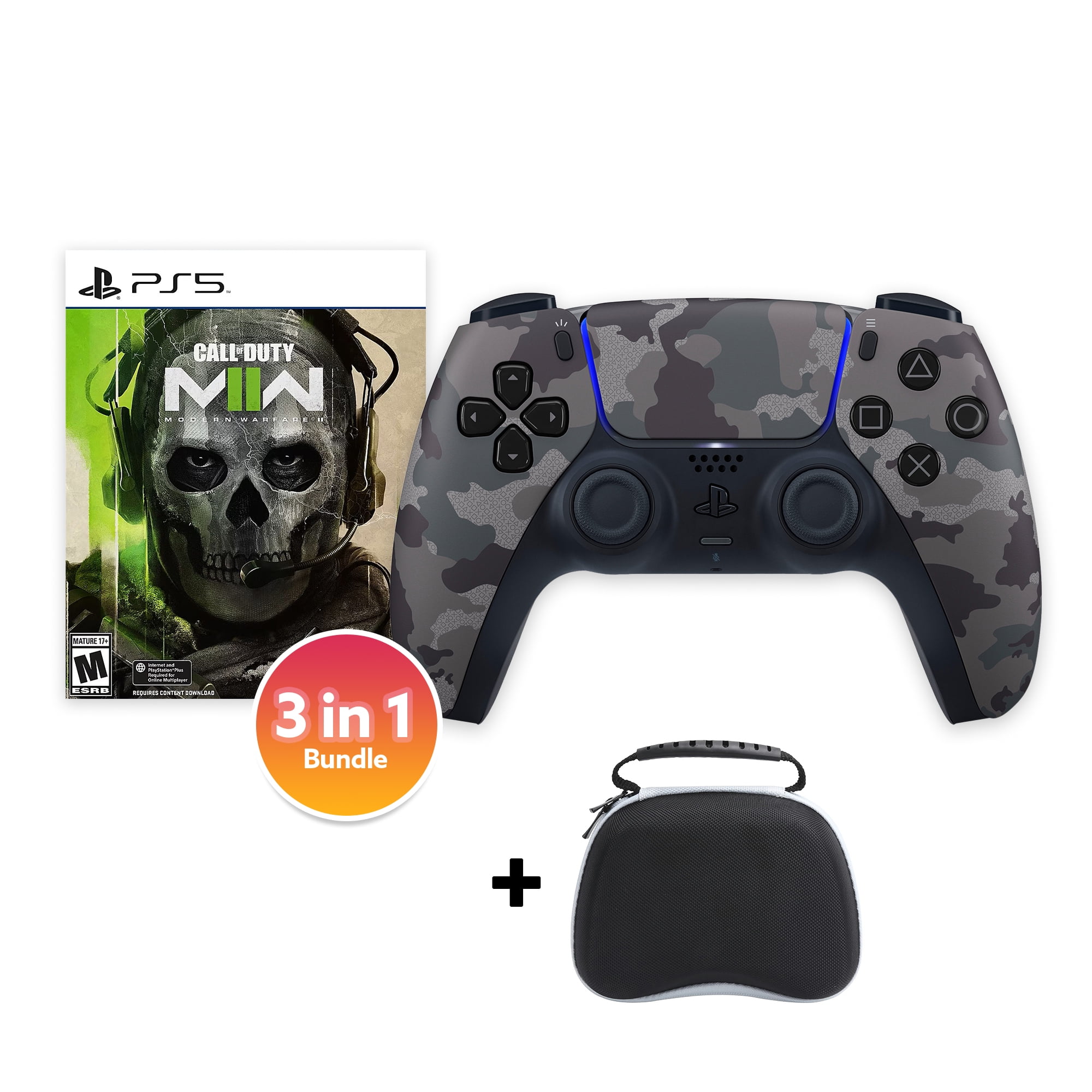 PlayStation 5 DualSense Controller Gray Camouflage with Call of Duty Modern Warfare II and Mytrix Hard Shell Controller Protective Case - 3 in 1 Bundle for PS5