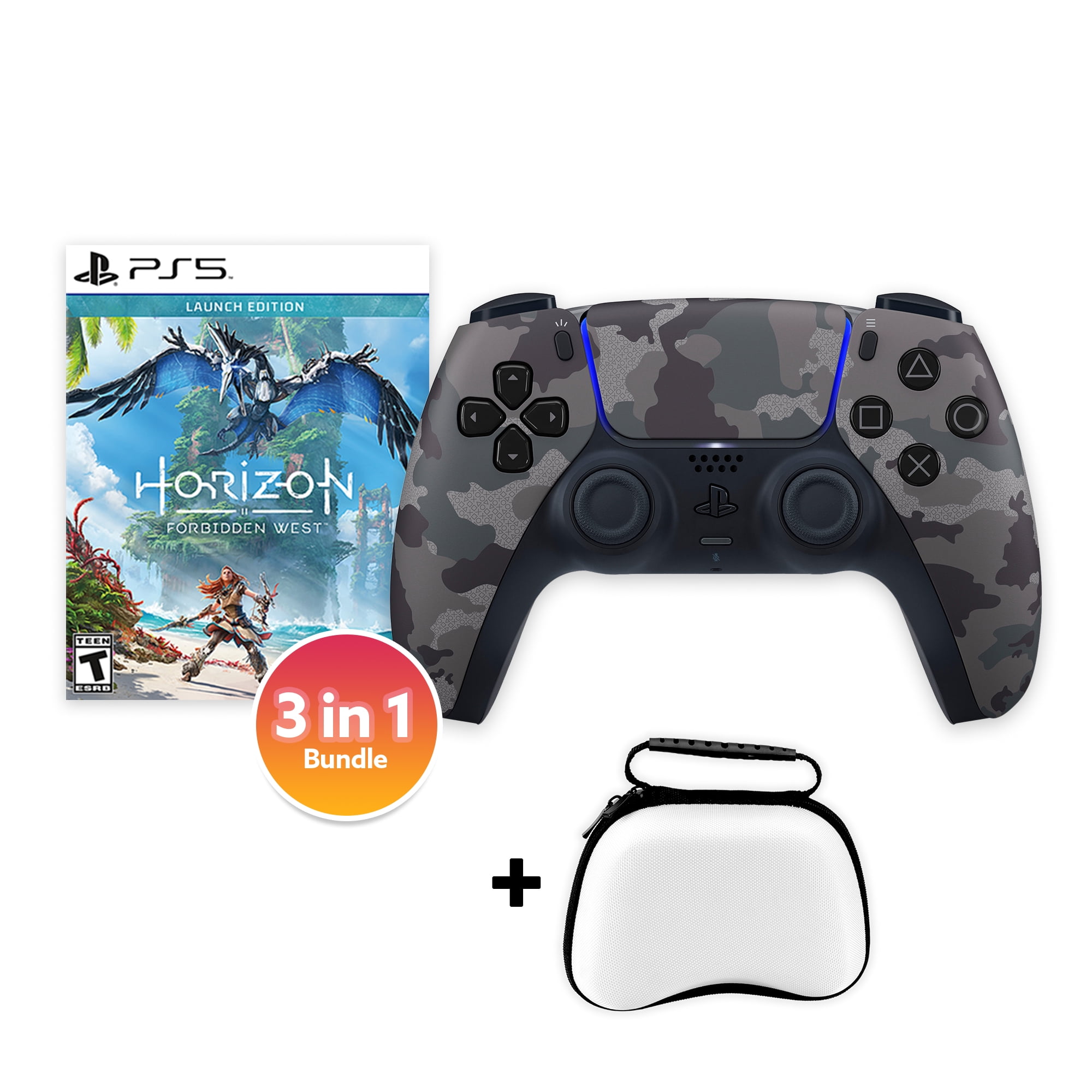 PlayStation 5 DualSense Controller Gray Camouflage with Horizon Forbidden West and Mytrix Hard Shell Controller Protective Case - 3 in 1 Bundle for PS5