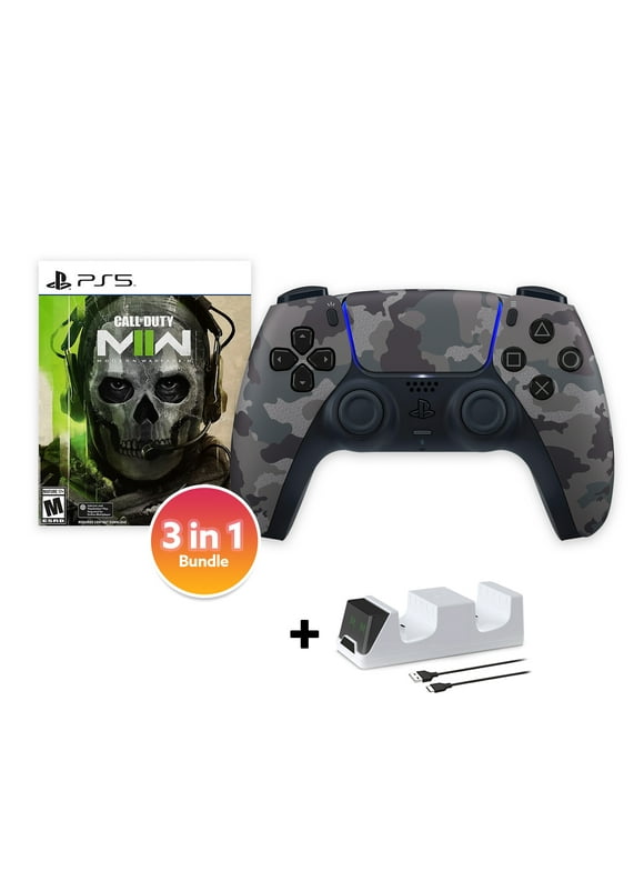 PlayStation 5 DualSense Controller Gray Camouflage with Call of Duty Modern Warfare II and Mytrix Dual Controller Charger - 3 in 1 Bundle for PS5