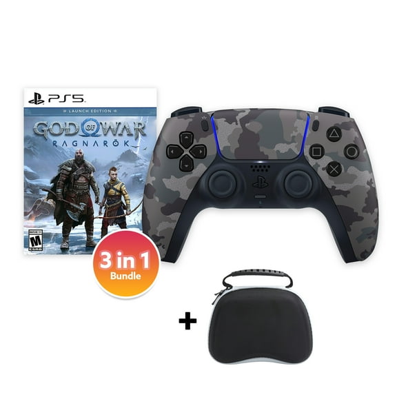 PlayStation 5 DualSense Controller Gray Camouflage with God of War Ragnarok and Mytrix Hard Shell Controller Protective Case - 3 in 1 Bundle for PS5