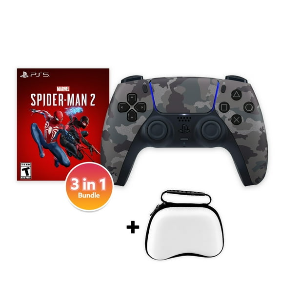 PlayStation 5 DualSense Controller Gray Camouflage with Spider-Man 2 and Mytrix Hard Shell Controller Protective Case - 3 in 1 Bundle for PS5