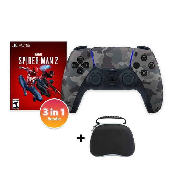 PlayStation 5 DualSense Controller Gray Camouflage with Spider-Man 2 and Mytrix Hard Shell Controller Protective Case - 3 in 1 Bundle for PS5