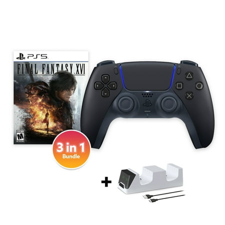 PlayStation 5 DualSense Controller Midnight Black with Final Fantasy XVI and Mytrix Dual Controller Charger - 3 in 1 Bundle for PS5