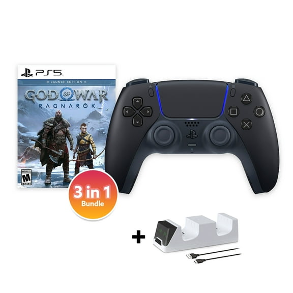 PlayStation 5 DualSense Controller Midnight Black with God of War Ragnarok and Mytrix Dual Controller Charger - 3 in 1 Bundle for PS5