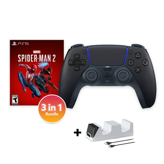 PlayStation 5 DualSense Controller Midnight Black with Spider-Man 2 and Mytrix Dual Controller Charger - 3 in 1 Bundle for PS5