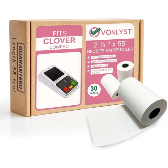 Vonlyst Compatible Clover Compact Countertop POS Thermal Receipt Paper 2 1/4 x 55 (30 rolls)
