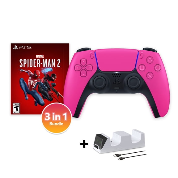 PlayStation 5 DualSense Controller Nova Pink with Spider-Man 2 and Mytrix Dual Controller Charger - 3 in 1 Bundle for PS5