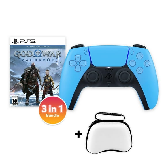 PlayStation 5 DualSense Controller Starlight Blue with God of War Ragnarok and Mytrix Hard Shell Controller Protective Case - 3 in 1 Bundle for PS5