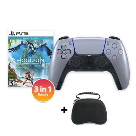 PlayStation 5 DualSense Controller Sterling Silver with Horizon Forbidden West and Mytrix Hard Shell Controller Protective Case - 3 in 1 Bundle for PS5