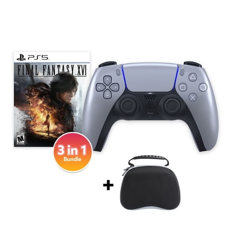 PlayStation 5 DualSense Controller Sterling Silver with Final Fantasy XVI and Mytrix Hard Shell Controller Protective Case - 3 in 1 Bundle for PS5