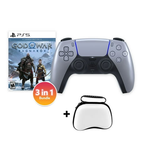 PlayStation 5 DualSense Controller Sterling Silver with God of War Ragnarok and Mytrix Hard Shell Controller Protective Case - 3 in 1 Bundle for PS5