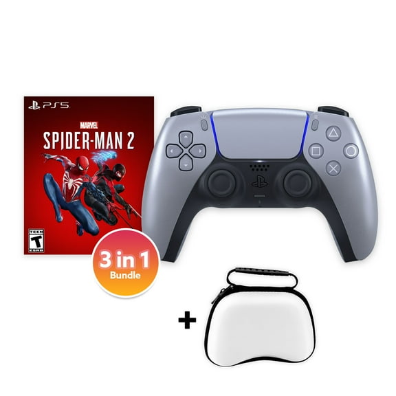 PlayStation 5 DualSense Controller Sterling Silver with Spider-Man 2 and Mytrix Hard Shell Controller Protective Case - 3 in 1 Bundle for PS5