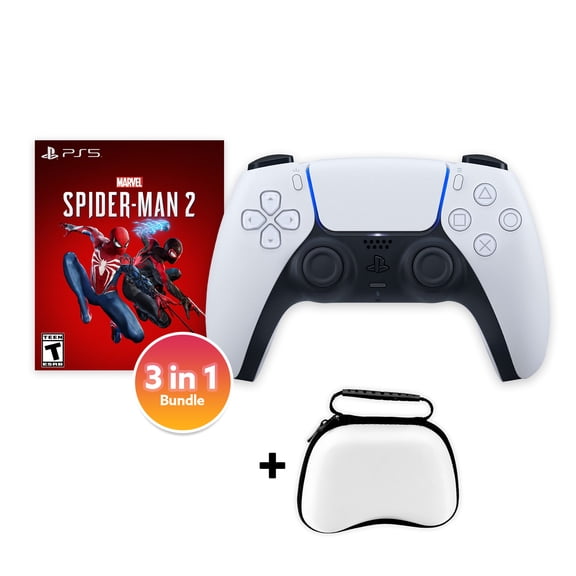 PlayStation 5 DualSense Controller White with Spider-Man 2 and Mytrix Hard Shell Controller Protective Case - 3 in 1 Bundle for PS5