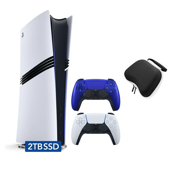 PlayStation 5 Pro 2TB SSD Digital Console with Two Controllers, White and Cobalt Blue DualSense and Mytrix Hard Shell Protective Controller Case - Flagship PS5 Pro Console