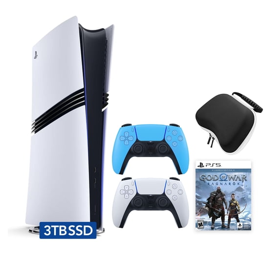 PlayStation 5 Pro 3TB SSD Digital Console God of War Bundle with Two Controllers, White and Starlight Blue DualSense and Mytrix Hard Shell Protective Controller Case - Flagship PS5 Pro Console