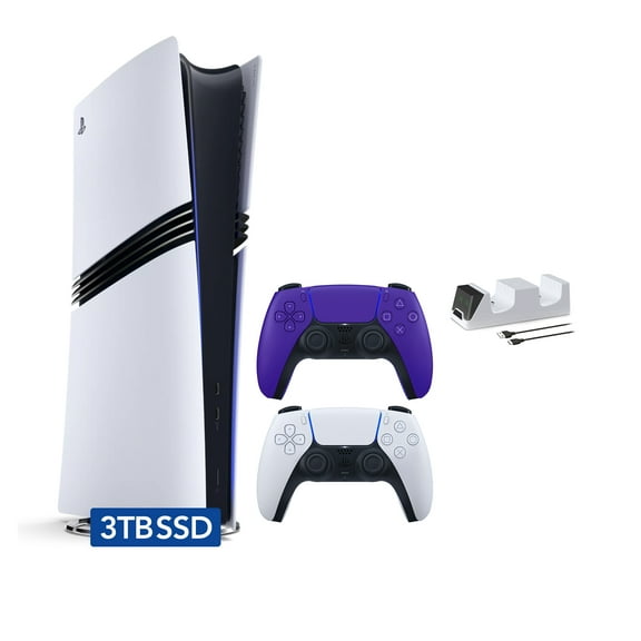 PlayStation 5 Pro 3TB SSD Digital Console with Two Controllers, White and Galactic Purple DualSense and Mytrix Dual Controller Charger - Flagship PS5 Pro Console