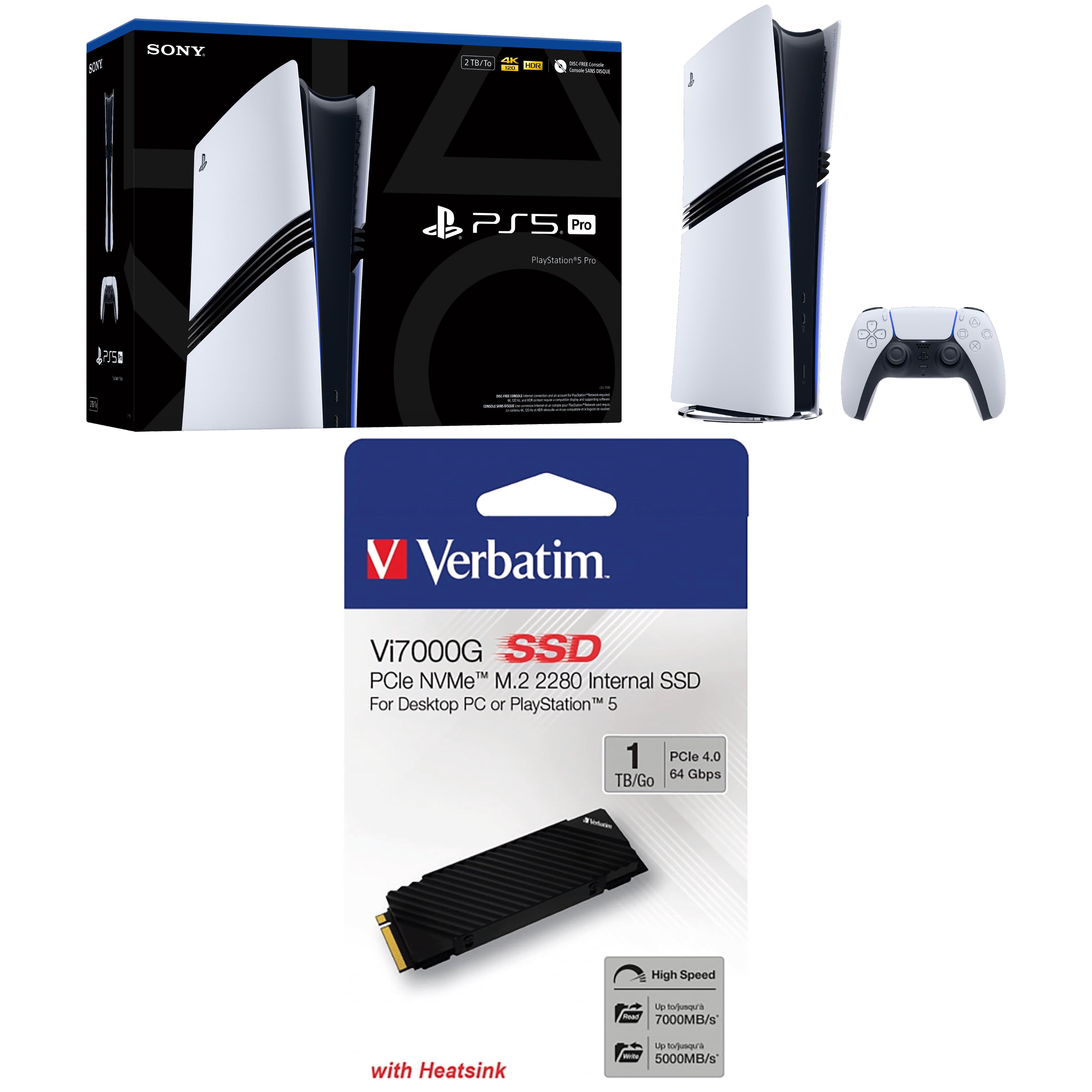 PlayStation 5 Pro Console with Verbatim 1TB Vi7000 PCIe NVMe M.2 2280 Internal SSD