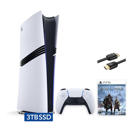 PlayStation 5 Pro Upgraded 3TB Digital Edition God of War Ragnarok Bundle and Mytrix 8K HDMI Ultra High Speed Cable - White, Flagship Pro PS5 3TB PCIe SSD Gaming Console