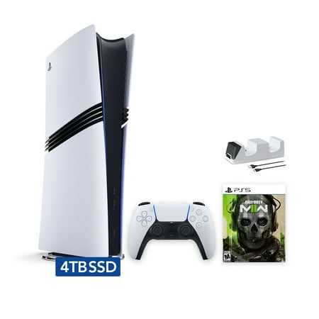 PlayStation 5 Pro Upgraded 4TB Digital Edition Call of Duty Modern Warfare II Bundle and Mytrix Controller Charger - White, Flagship Pro PS5 4TB PCIe SSD Gaming Console