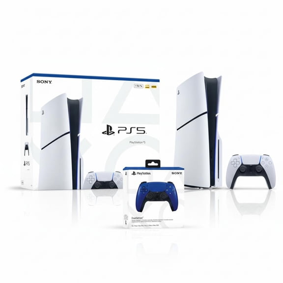 PlayStation 5 Slim Console 1TB + PlayStation 5 DualSense Wireless Controller Cobalt Blue - Includes PS5 Console & 2 DualSense Controllers - 16GB RAM - 1TB SSD - Custom Integrated I/O - Up to 120fps...
