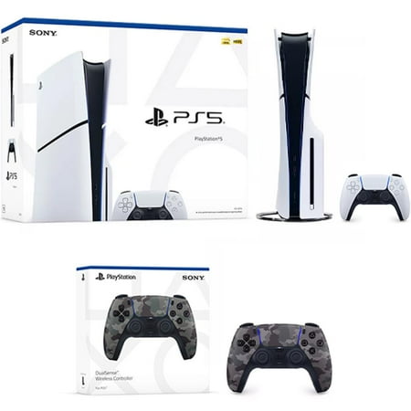 PlayStation 5 Slim Console 1TB + PlayStation 5 DualSense Wireless Controller Gray Camouflage - Includes PS5 Console & 2 DualSense Controllers - 16GB RAM - 1TB SSD - Custom Integrated I/O - Up to 12...