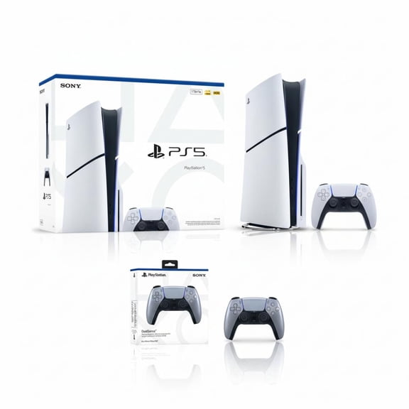 PlayStation 5 Slim Console 1TB + PlayStation 5 DualSense Wireless Controller Sterling Silver - Includes PS5 Console & 2 DualSense Controllers - 16GB RAM - 1TB SSD - Custom Integrated I/O - Up to 12...
