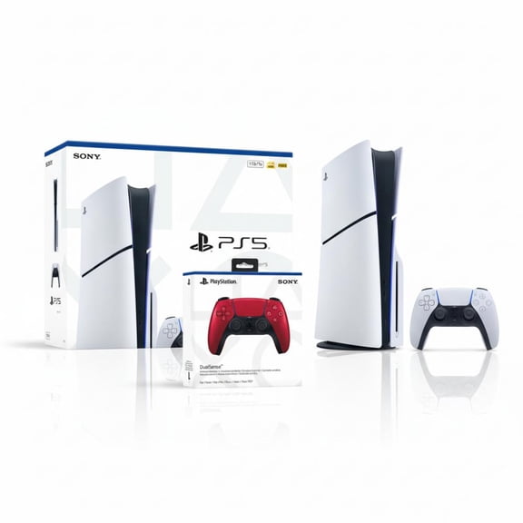 PlayStation 5 Slim Console 1TB + PlayStation 5 DualSense Wireless Controller Volcanic Red - Includes PS5 Console & 2 DualSense Controllers - 16GB RAM - 1TB SSD - Custom Integrated I/O - Up to 120fp...