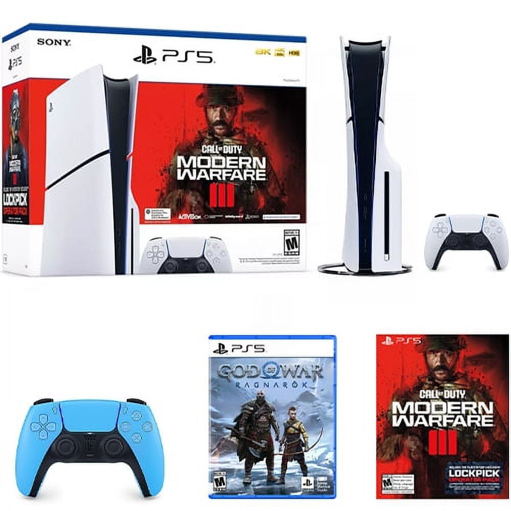 PlayStation 5 Slim Console Call of Duty: Modern Warfare III Bundle + PlayStation 5 DualSense Wireless Controller Starlight Blue + God of War Ragnarok PS5
