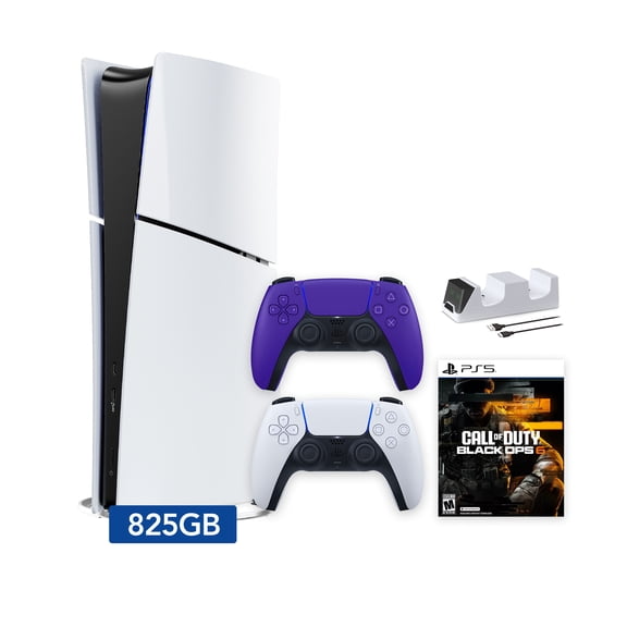 PlayStation 5 Slim Digital 1.8TB SSD ASTRO BOT Console with Two Controllers, White and Galactic Purple DualSense and Dual Controller Charger - PS5 Slim Digital Console
