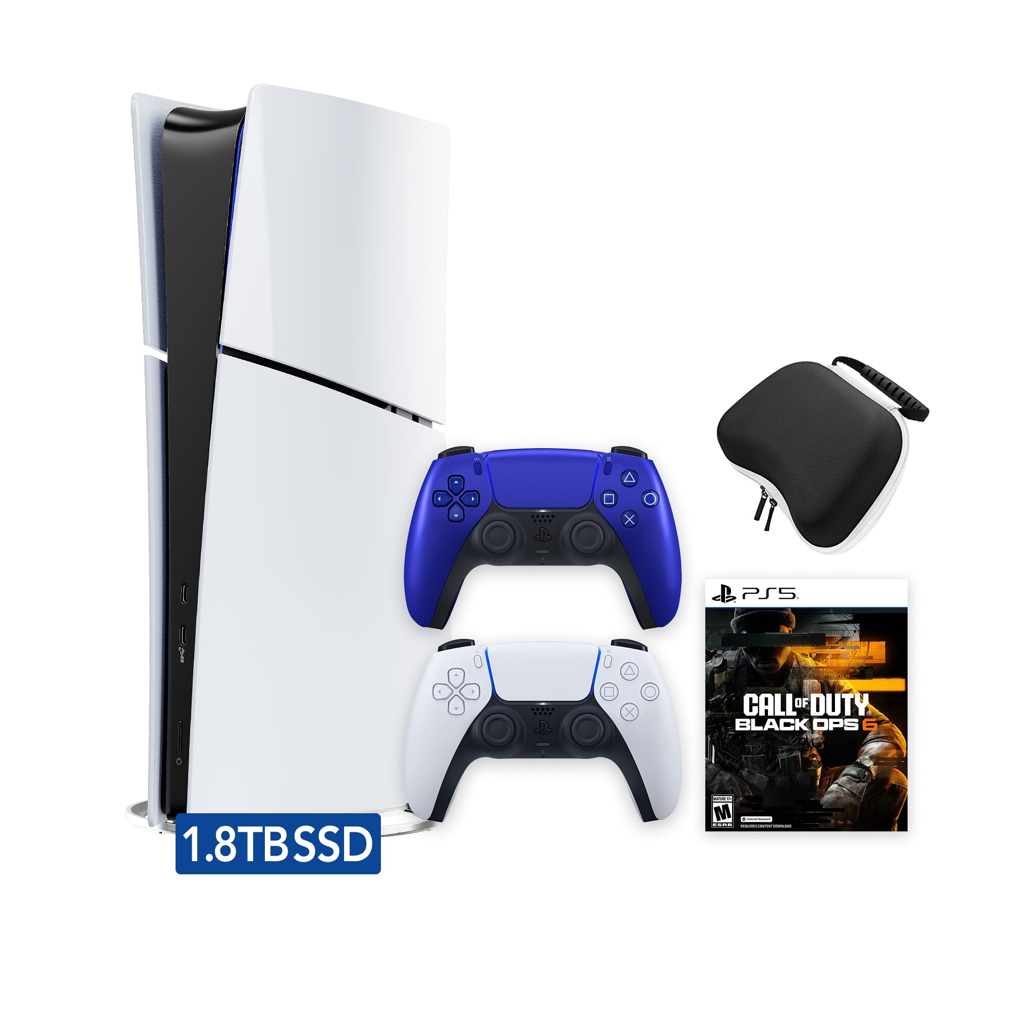 PlayStation 5 Slim Digital 1.8TB SSD Call of Duty Black Ops 6 Console with Two Controllers, White and Cobalt Blue DualSense and Hard Shell Protective Controller Case - PS5 Slim Digital Console