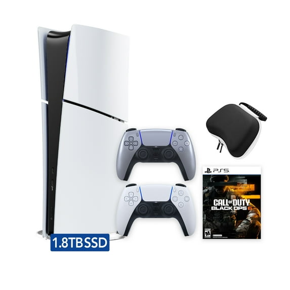PlayStation 5 Slim Digital 1.8TB SSD Call of Duty Black Ops 6 Console with Two Controllers, White and Sterling Silver DualSense and Hard Shell Protective Controller Case - PS5 Slim Digital Console