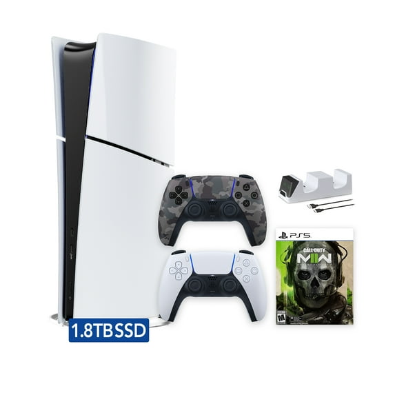 PlayStation 5 Slim Digital 1.8TB SSD Call of Duty Modern Warfare II Console with Two Controllers, White and Gray Camouflage DualSense and Dual Controller Charger - PS5 Slim Digital Console