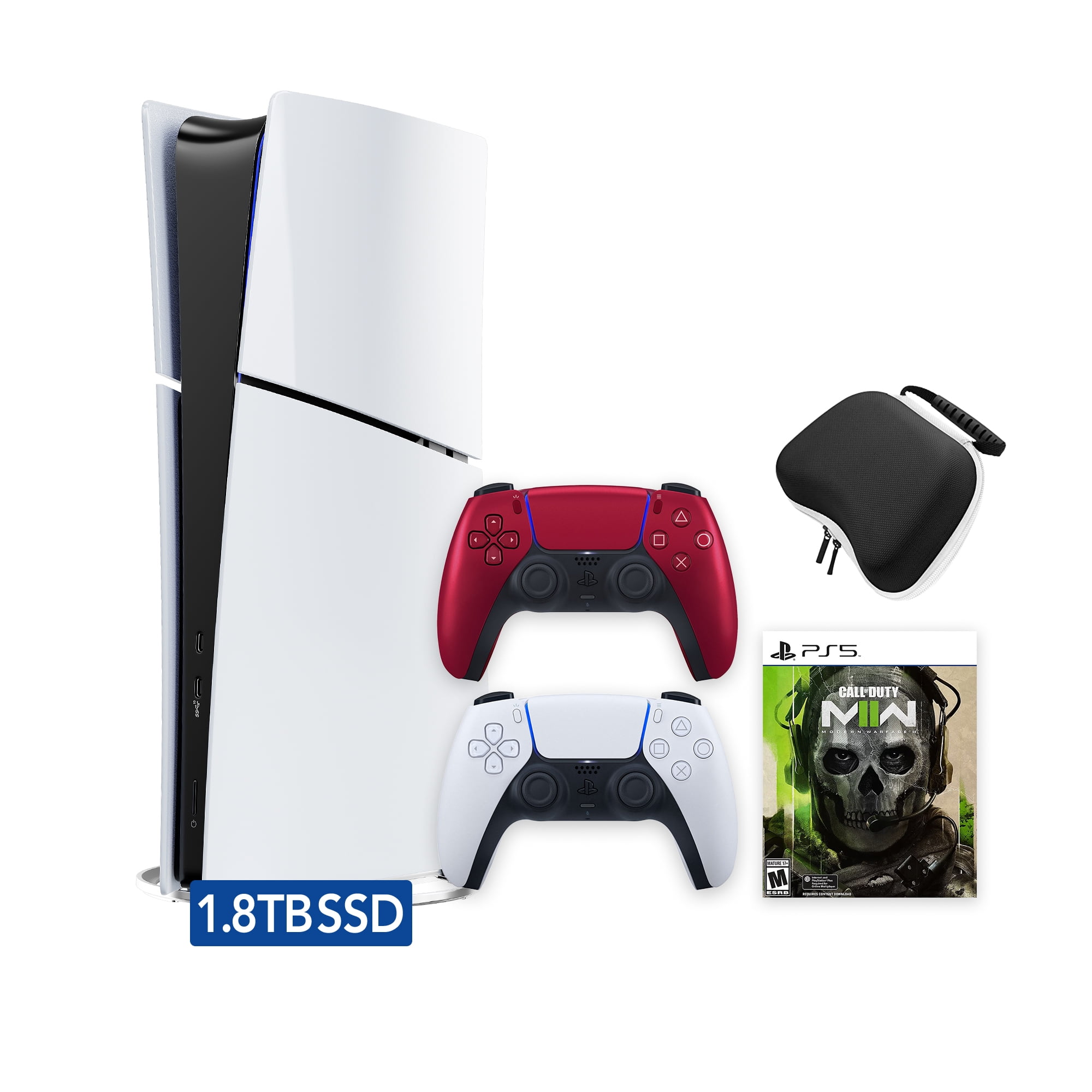 PlayStation 5 Slim Digital 1.8TB SSD Call of Duty Modern Warfare II Console with Two Controllers, White and Volcanic Red DualSense and Hard Shell Protective Controller Case - PS5 Slim Digital Console