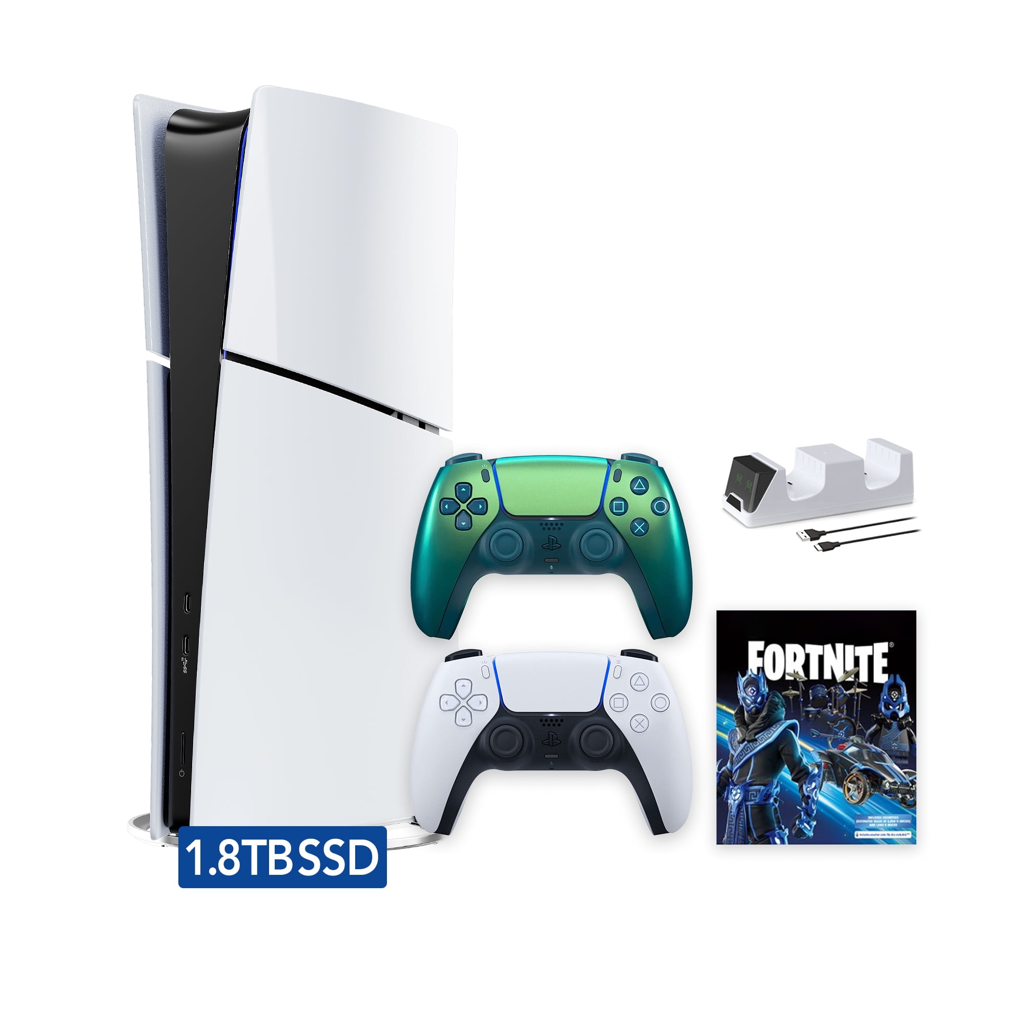 PlayStation 5 Slim Digital 1.8TB SSD Fortnite Cobalt Star Console with Two Controllers, White and Chroma Teal DualSense and Dual Controller Charger - PS5 Slim Digital Console