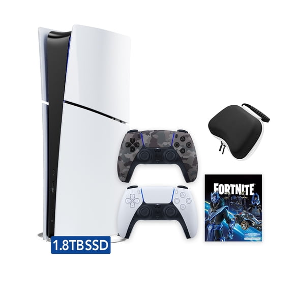 PlayStation 5 Slim Digital 1.8TB SSD Fortnite Cobalt Star Console with Two Controllers, White and Gray Camouflage DualSense and Hard Shell Protective Controller Case - PS5 Slim Digital Console