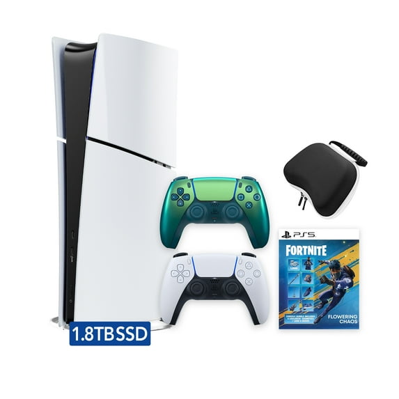 PlayStation 5 Slim Digital 1.8TB SSD Fortnite Flowering Chaos Console with Two Controllers, White and Chroma Teal DualSense and Hard Shell Protective Controller Case - PS5 Slim Digital Console