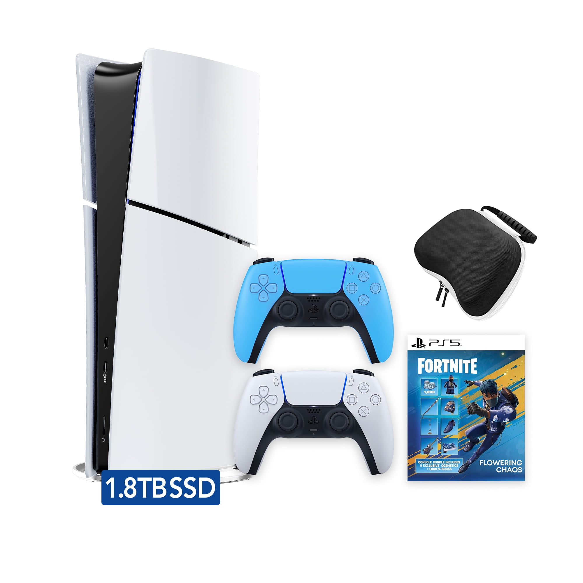 PlayStation 5 Slim Digital 1.8TB SSD Fortnite Flowering Chaos Console with Two Controllers, White and Starlight Blue DualSense and Hard Shell Protective Controller Case - PS5 Slim Digital Console