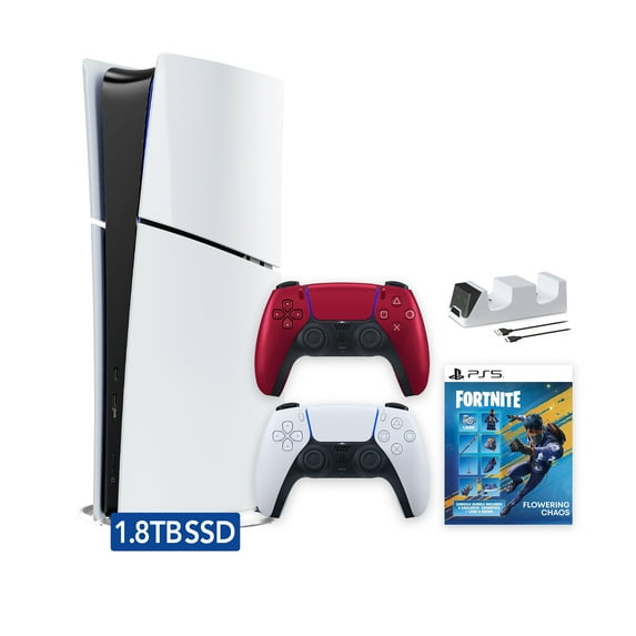PlayStation 5 Slim Digital 1.8TB SSD Fortnite Flowering Chaos Console with Two Controllers, White and Volcanic Red DualSense and Dual Controller Charger - PS5 Slim Digital Console