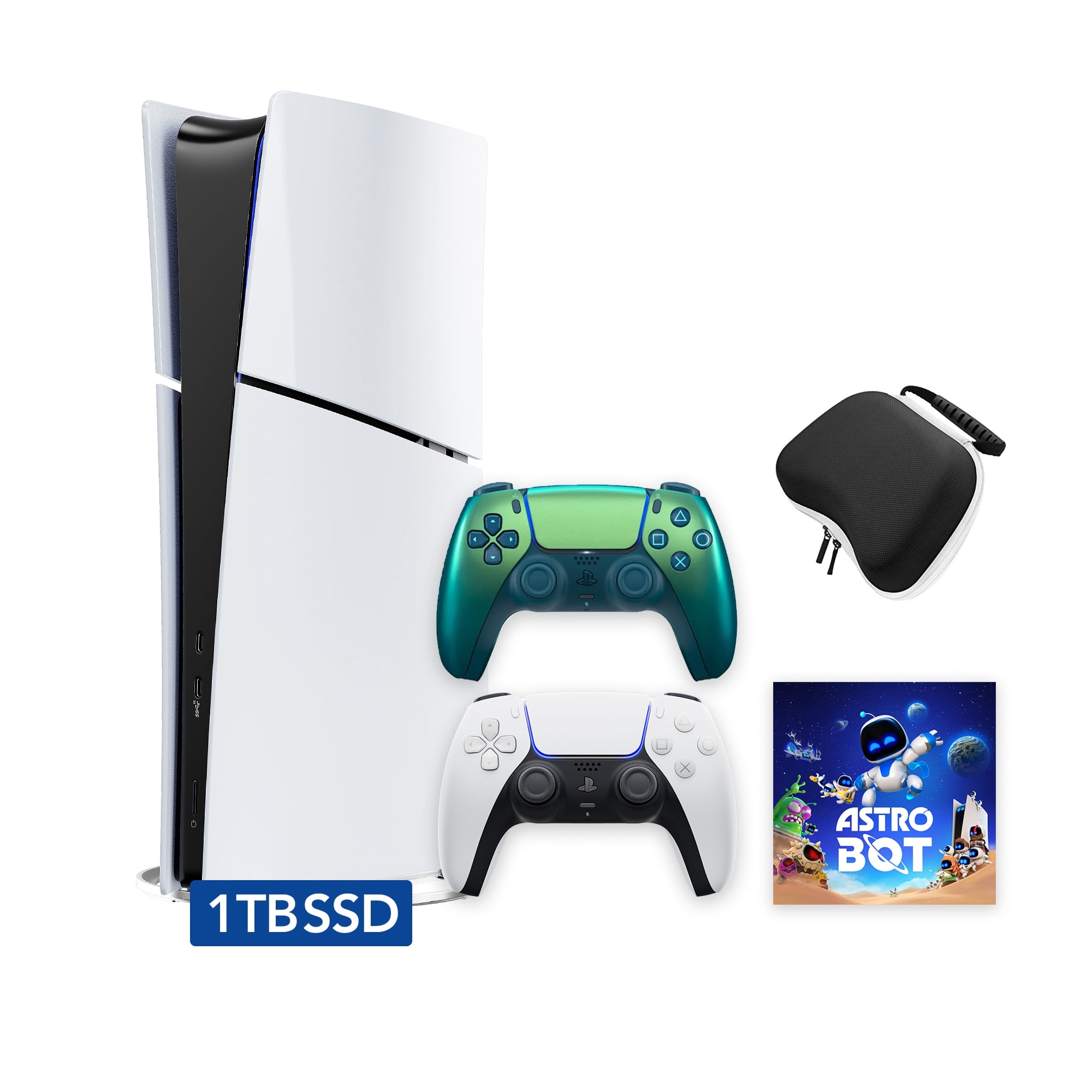 PlayStation 5 Slim Digital 1TB SSD ASTRO BOT Console with Two Controllers, White and Chroma Teal DualSense and Hard Shell Protective Controller Case - PS5 Slim Digital Console
