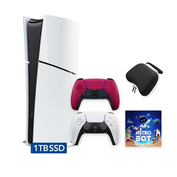 PlayStation 5 Slim Digital 1TB SSD ASTRO BOT Console with Two Controllers, White and Cosmic Red DualSense and Hard Shell Protective Controller Case - PS5 Slim Digital Console