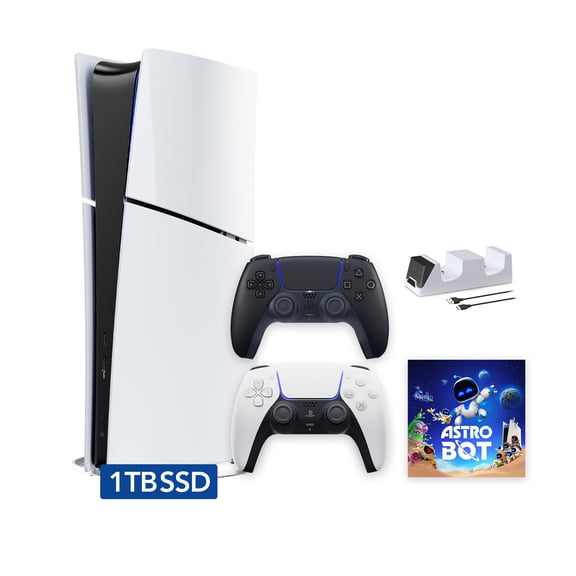 PlayStation 5 Slim Digital 1TB SSD ASTRO BOT Console with Two Controllers, White and Midnight Black DualSense and Dual Controller Charger - PS5 Slim Digital Console