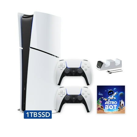 PlayStation 5 Slim Digital 1TB SSD ASTRO BOT Console with Two DualSense Controllers and Dual Controller Charger - PS5 Slim Digital Console