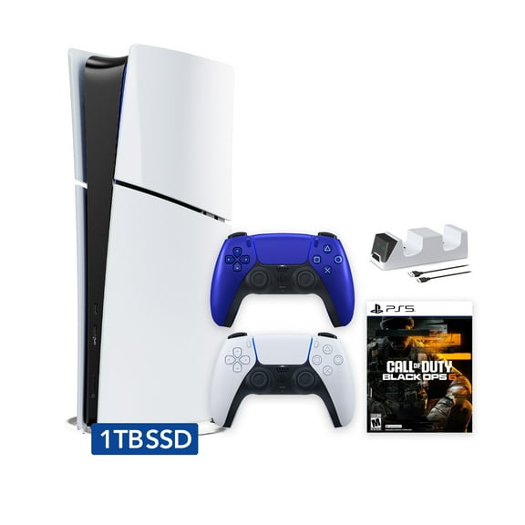 PlayStation 5 Slim Digital 1TB SSD Call of Duty Black Ops 6 Console with Two Controllers, White and Cobalt Blue DualSense and Dual Controller Charger - PS5 Slim Digital Console