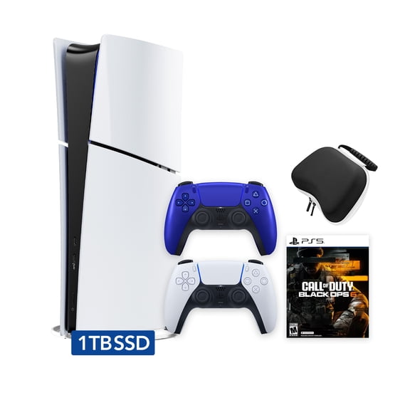 PlayStation 5 Slim Digital 1TB SSD Call of Duty Black Ops 6 Console with Two Controllers, White and Cobalt Blue DualSense and Hard Shell Protective Controller Case - PS5 Slim Digital Console