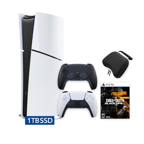 PlayStation 5 Slim Digital 1TB SSD Call of Duty Black Ops 6 Console with Two Controllers, White and Midnight Black DualSense and Hard Shell Protective Controller Case - PS5 Slim Digital Console