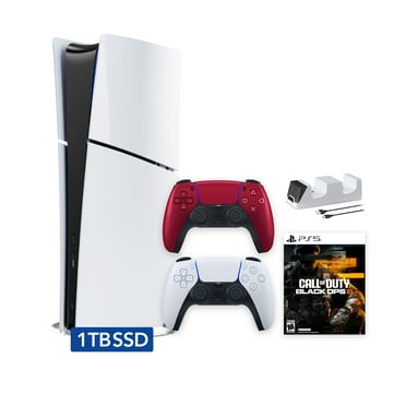 PlayStation 5 Slim Digital 1TB SSD Call of Duty Black Ops 6 Console with Two Controllers, White and Volcanic Red DualSense and Dual Controller Charger - PS5 Slim Digital Console