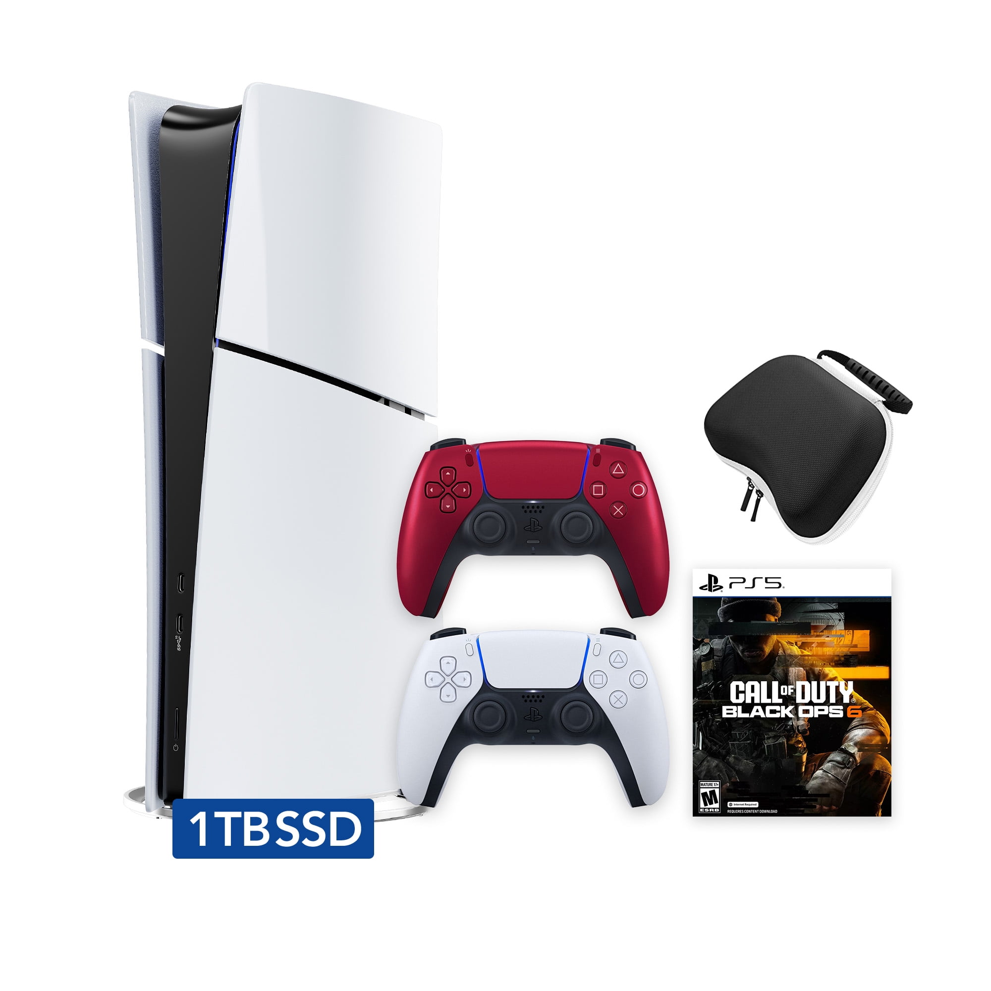 PlayStation 5 Slim Digital 1TB SSD Call of Duty Black Ops 6 Console with Two Controllers, White and Volcanic Red DualSense and Hard Shell Protective Controller Case - PS5 Slim Digital Console